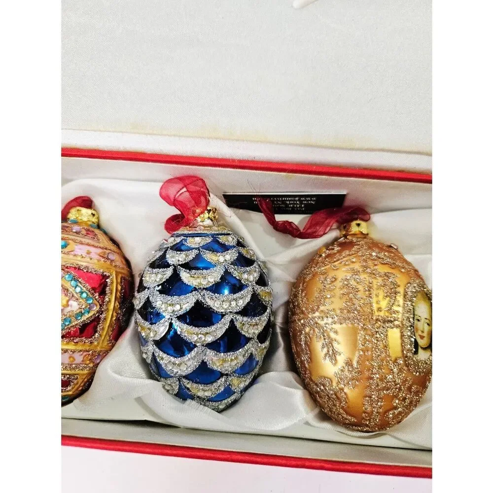 Vintage Joan Rivers Colorful Russian Faberge Style Blown Glass Egg Ornament Set